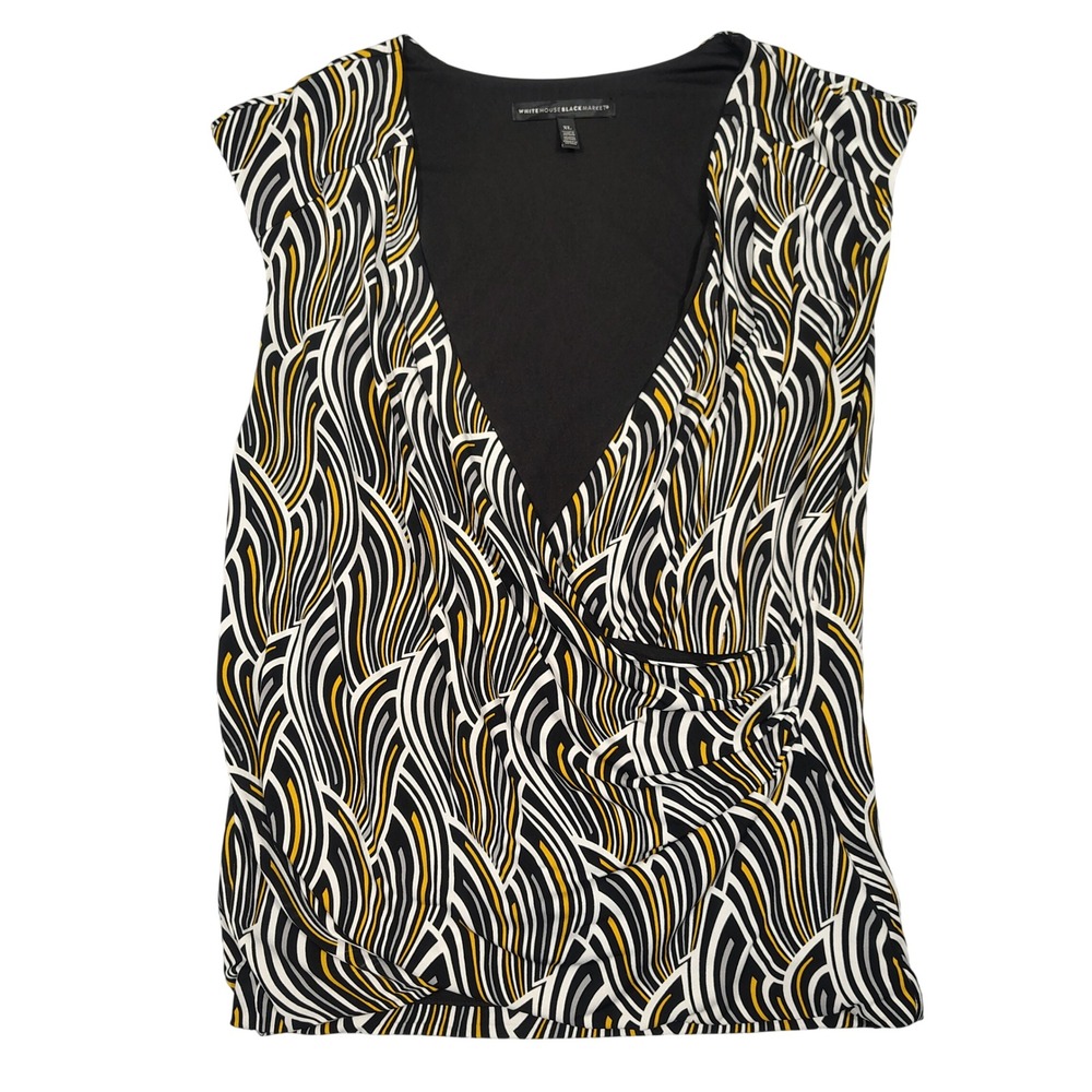 White House Black Market Blouse Womens XL Faux Wrap Abstract Black White Yellow